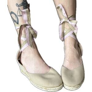 HIGH WEDGE Lace Up Women Espadrilles Pink Tan Montego Bay Club Size 10 Strappy